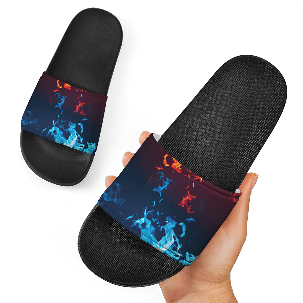 Red And Blue Fire Print Black Slide Sandals
