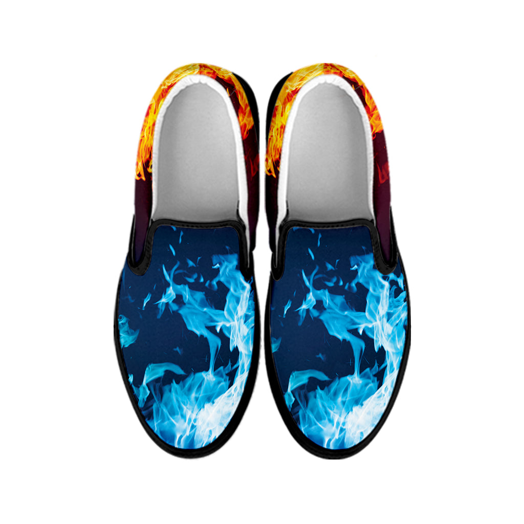 Red And Blue Fire Print Black Slip On Shoes