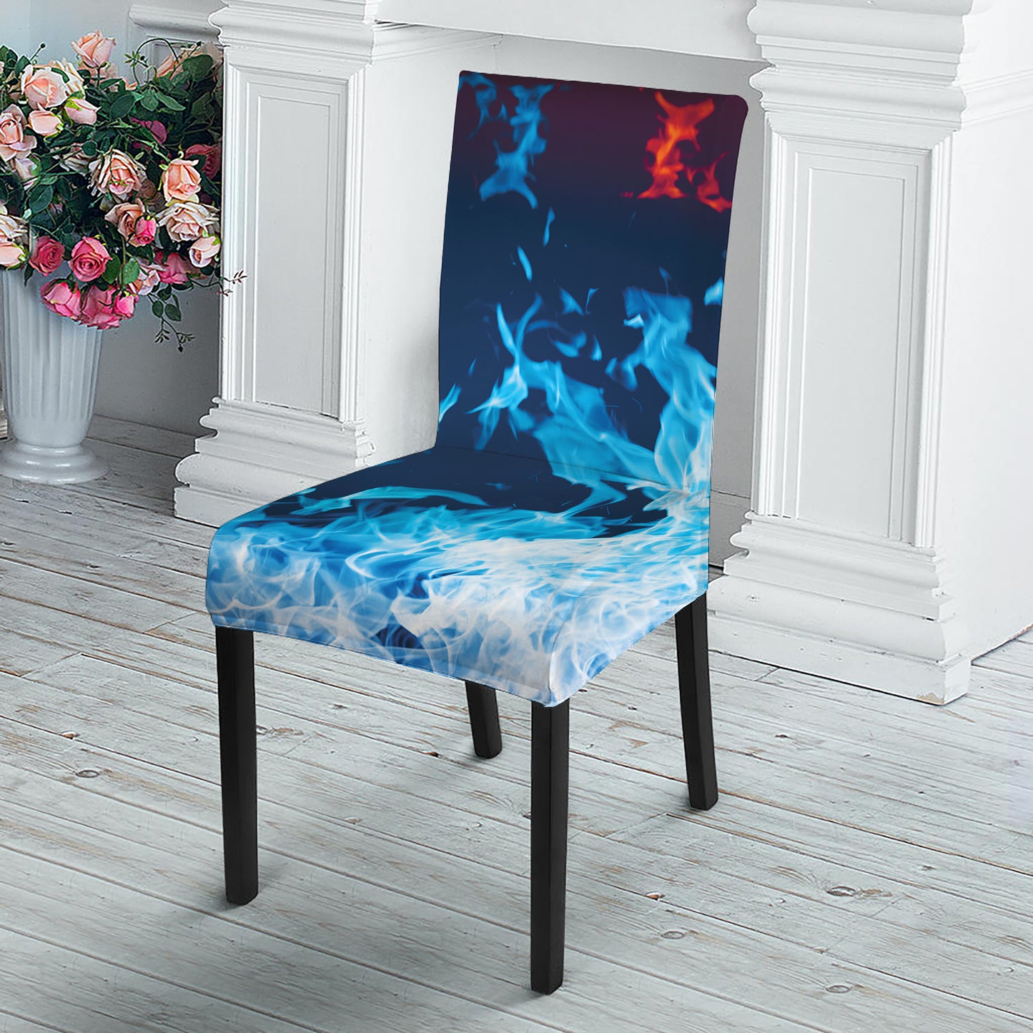 Red And Blue Fire Print Dining Chair Slipcover