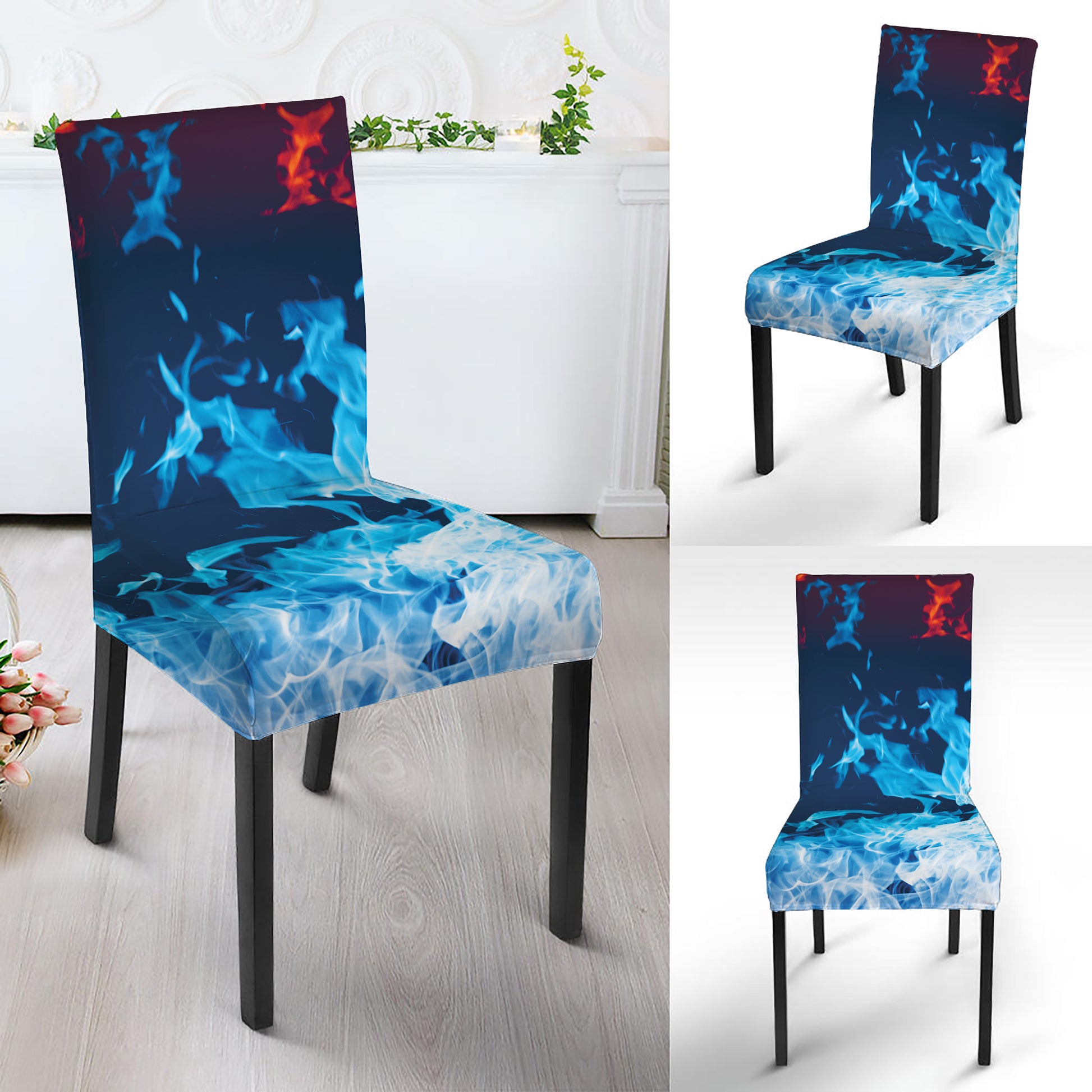 Red And Blue Fire Print Dining Chair Slipcover