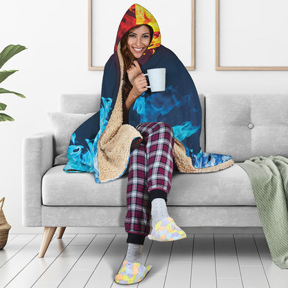Red And Blue Fire Print Hooded Blanket