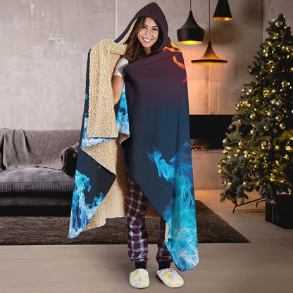 Red And Blue Fire Print Hooded Blanket