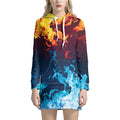 Red And Blue Fire Print Pullover Hoodie Dress