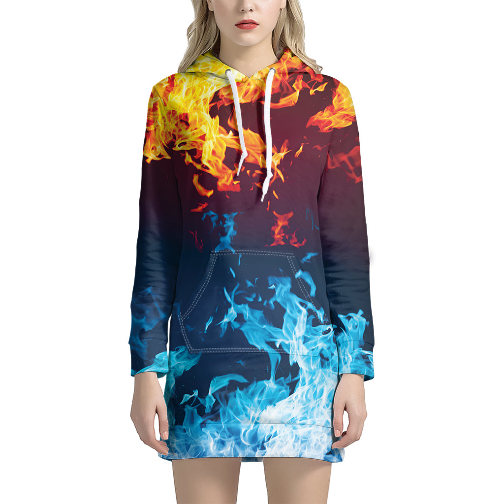 Red And Blue Fire Print Hoodie Dress