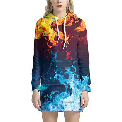 Red And Blue Fire Print Hoodie Dress