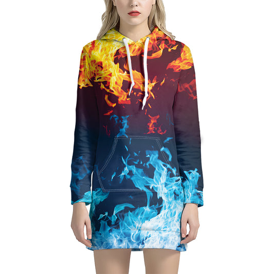 Red And Blue Fire Print Hoodie Dress