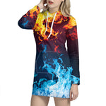 Red And Blue Fire Print Hoodie Dress
