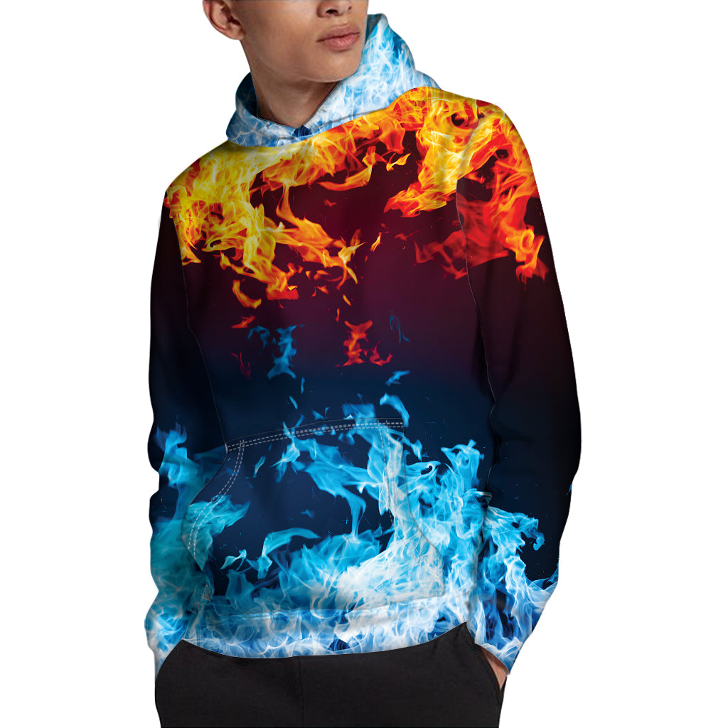 Red And Blue Fire Print Pullover Hoodie