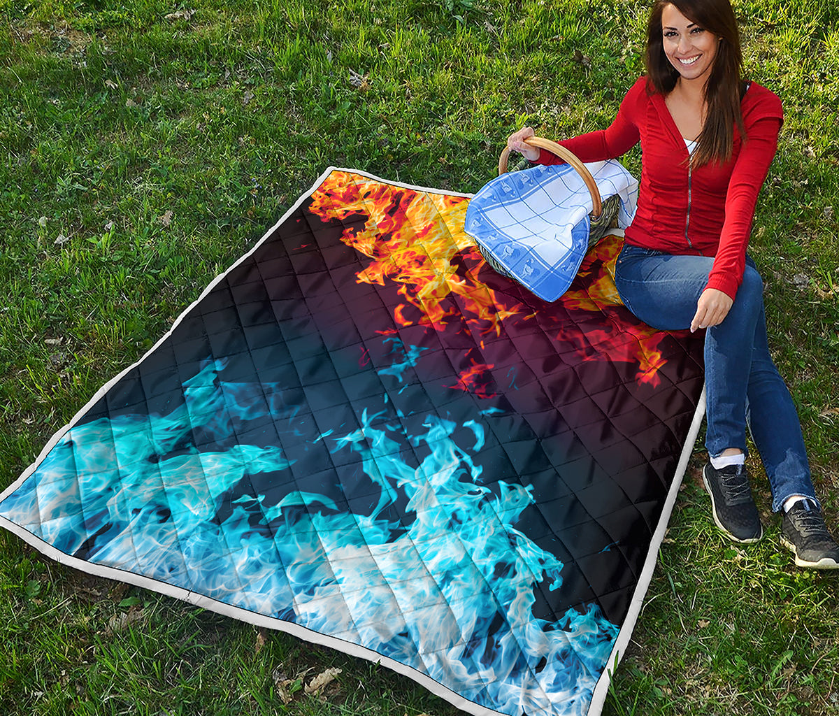 Red And Blue Fire Print Quilt