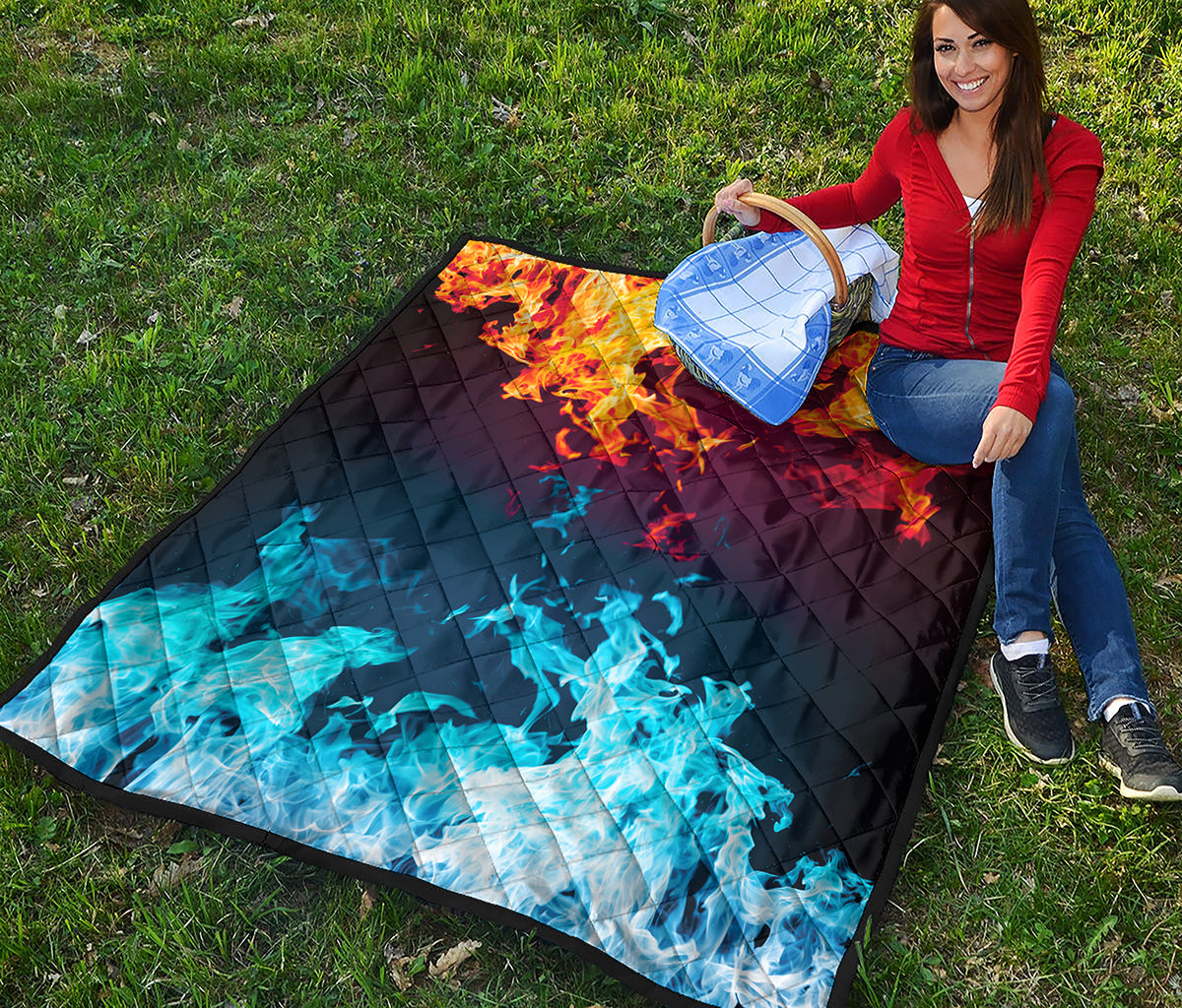 Red And Blue Fire Print Quilt
