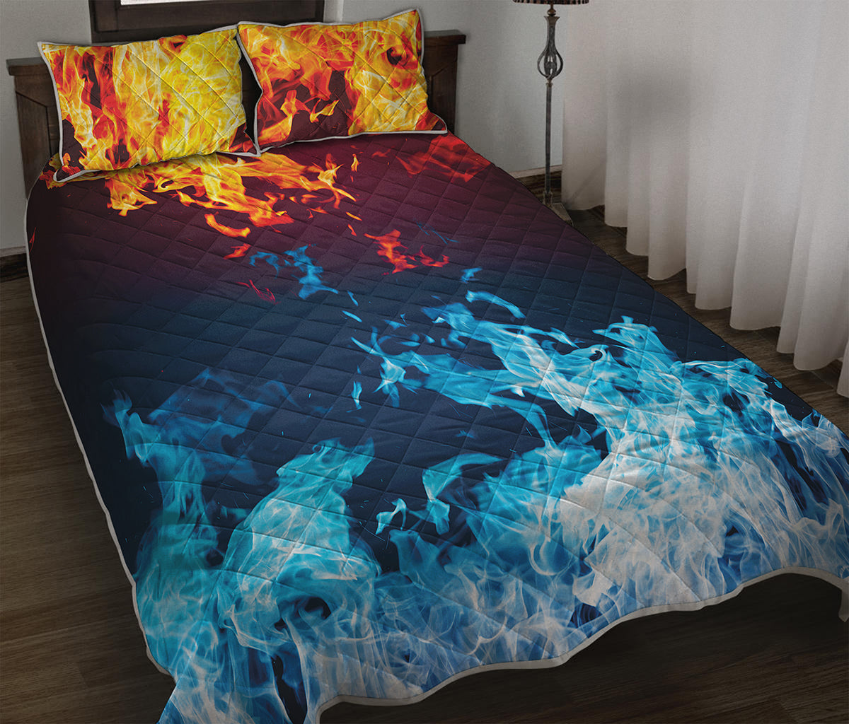 Red And Blue Fire Print Quilt Bed Set
