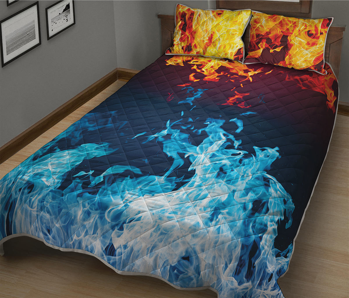 Red And Blue Fire Print Quilt Bed Set