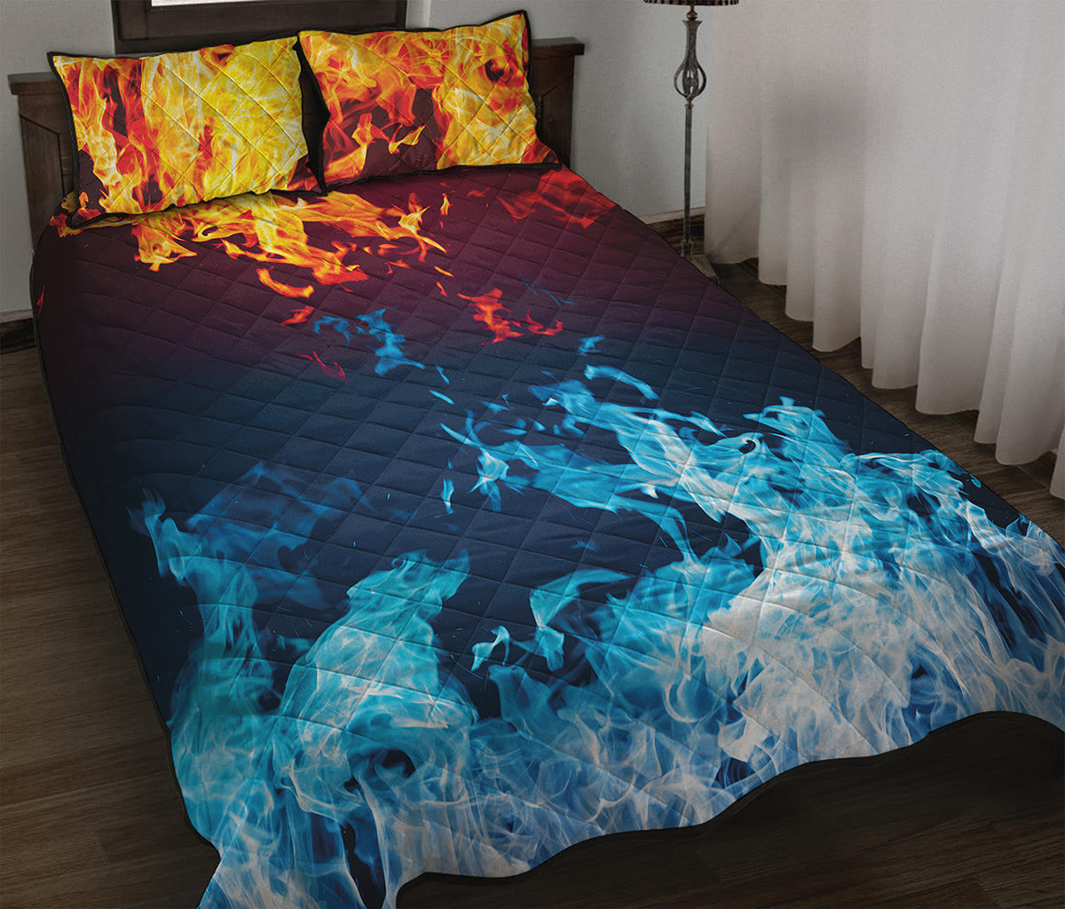 Red And Blue Fire Print Quilt Bed Set