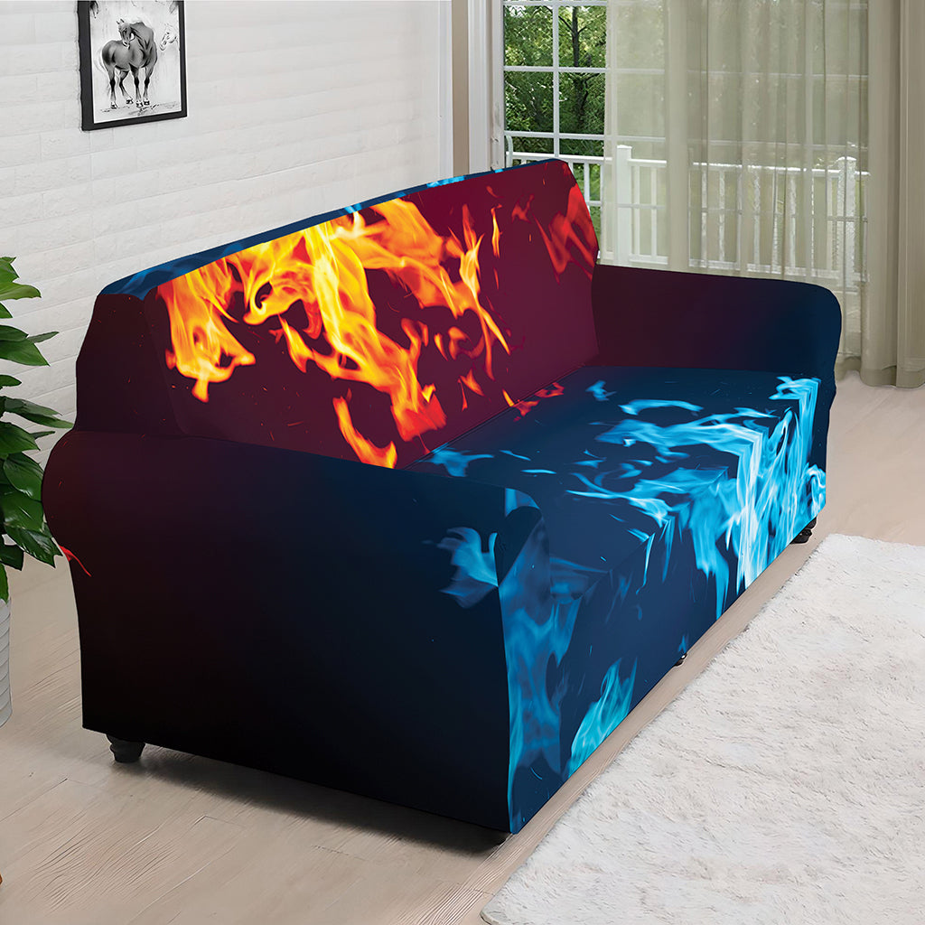 Red And Blue Fire Print Sofa Cover