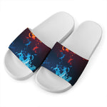 Red And Blue Fire Print White Slide Sandals