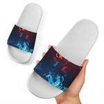 Red And Blue Fire Print White Slide Sandals