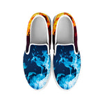 Red And Blue Fire Print White Slip On Shoes