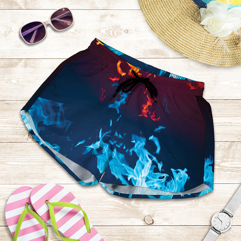 Red And Blue Fire Print Women's Shorts