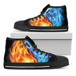 Red And Blue Fire Yin Yang Print Black High Top Shoes