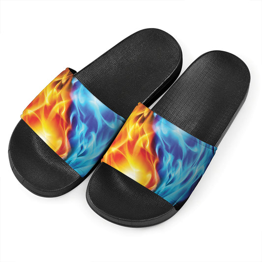 Red And Blue Fire Yin Yang Print Black Slide Sandals