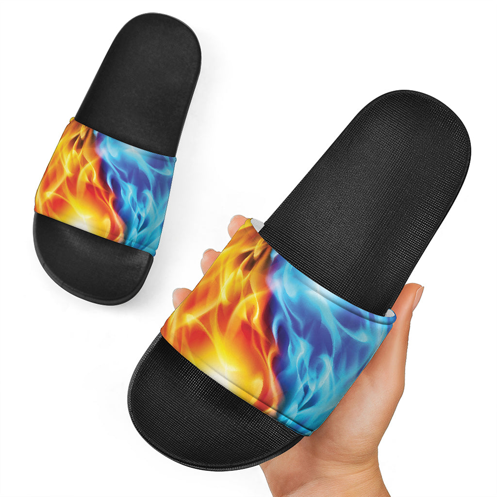 Red And Blue Fire Yin Yang Print Black Slide Sandals