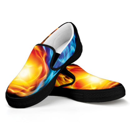 Red And Blue Fire Yin Yang Print Black Slip On Shoes