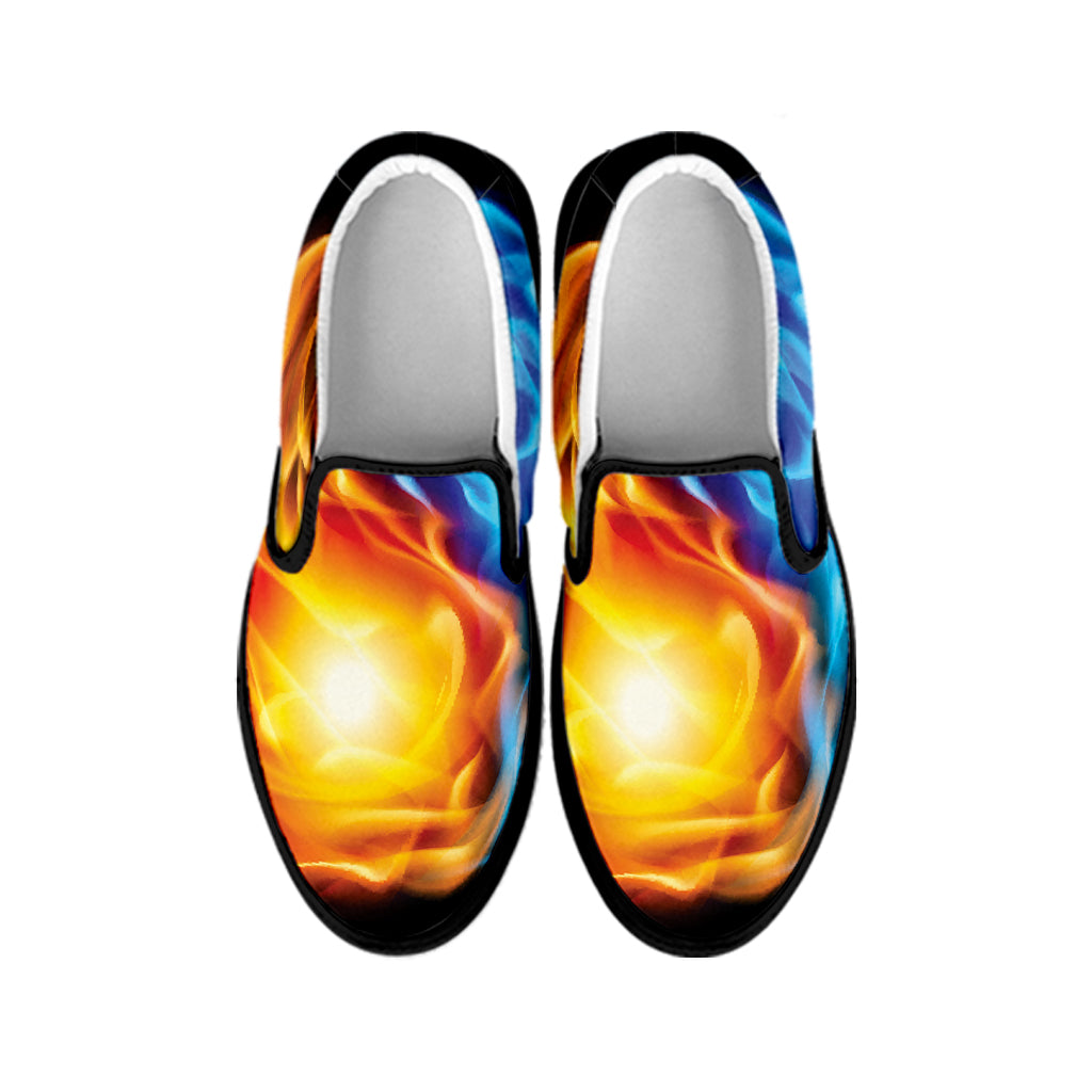 Red And Blue Fire Yin Yang Print Black Slip On Shoes