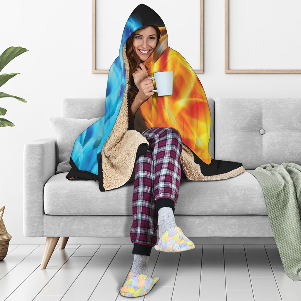 Red And Blue Fire Yin Yang Print Hooded Blanket