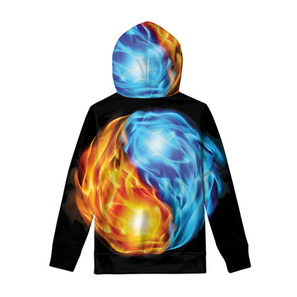 Red And Blue Fire Yin Yang Print Pullover Hoodie