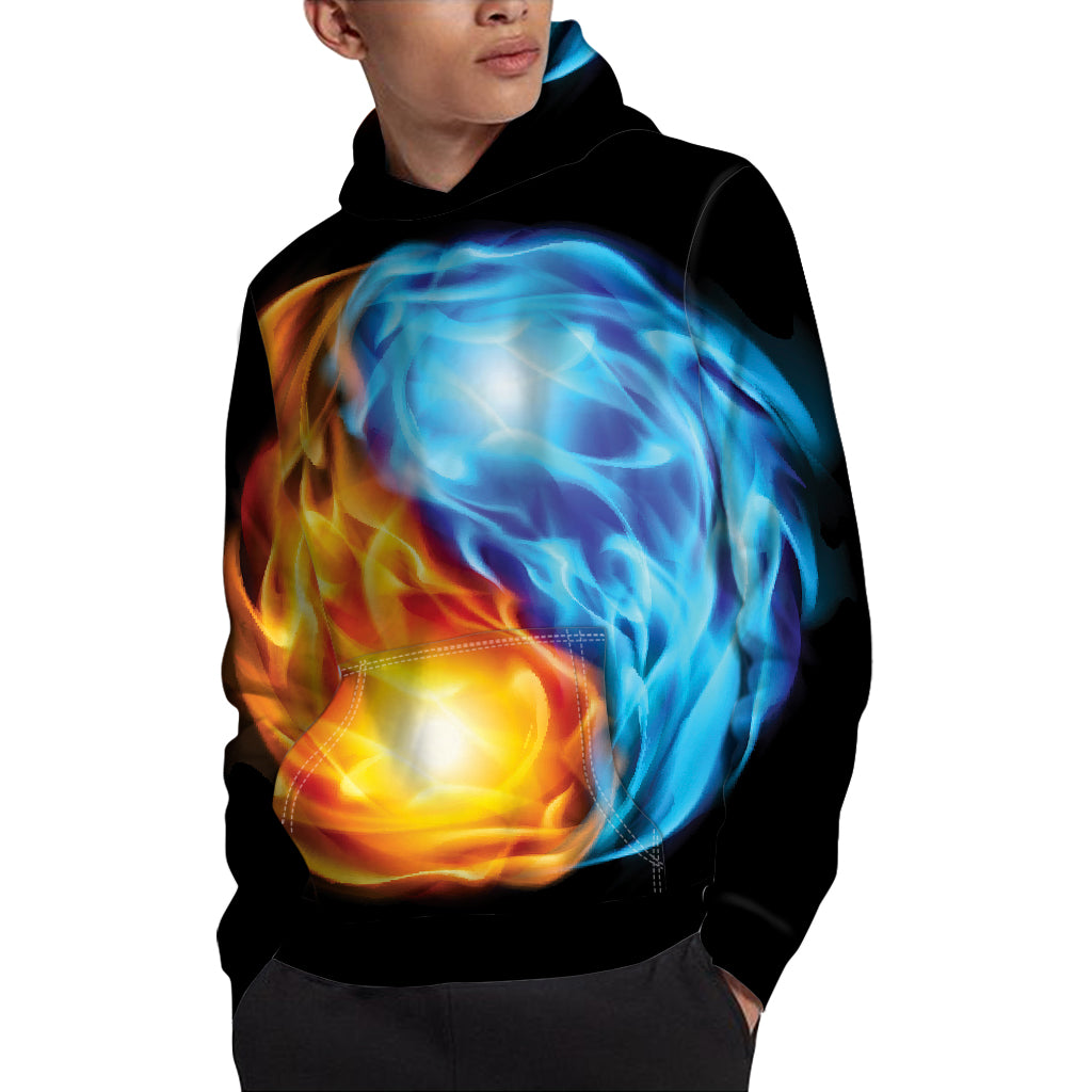 Red And Blue Fire Yin Yang Print Pullover Hoodie