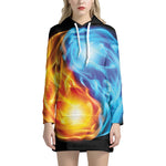 Red And Blue Fire Yin Yang Print Pullover Hoodie Dress