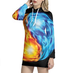 Red And Blue Fire Yin Yang Print Pullover Hoodie Dress
