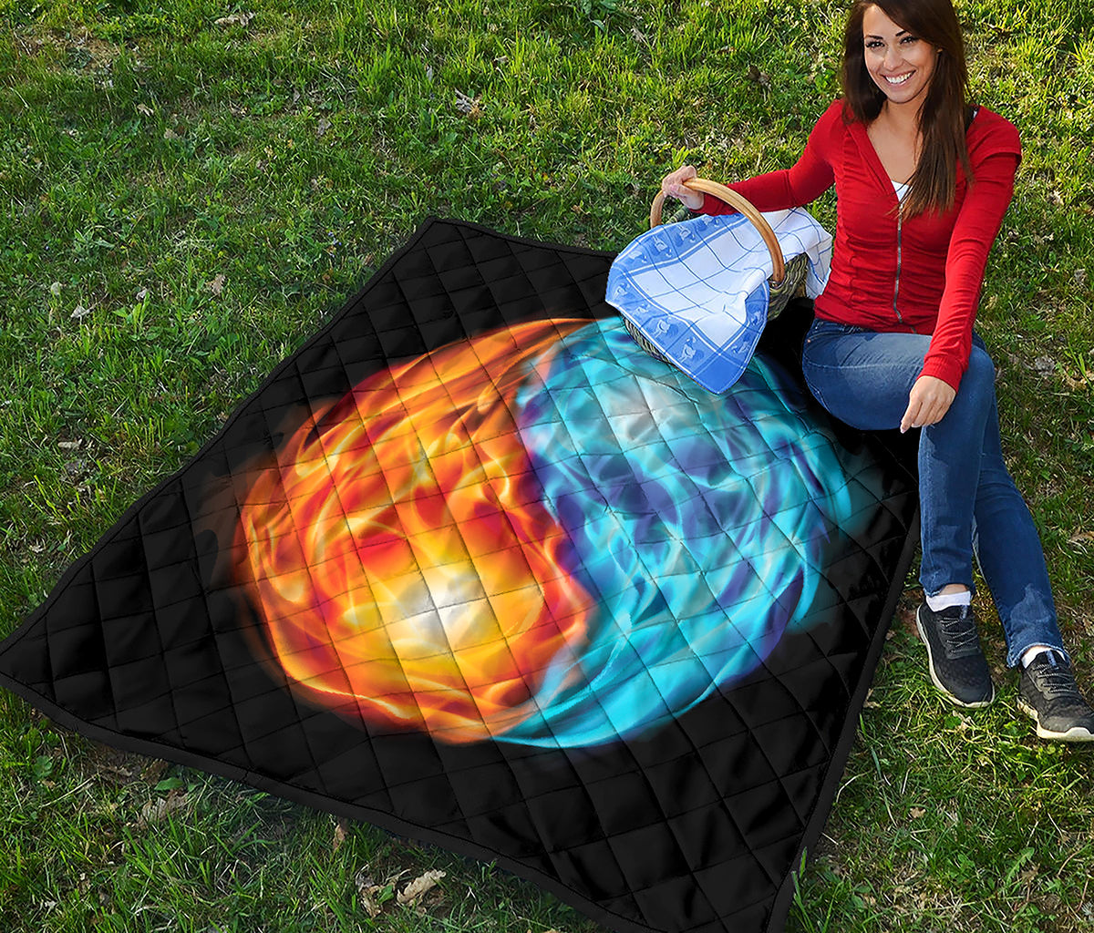 Red And Blue Fire Yin Yang Print Quilt