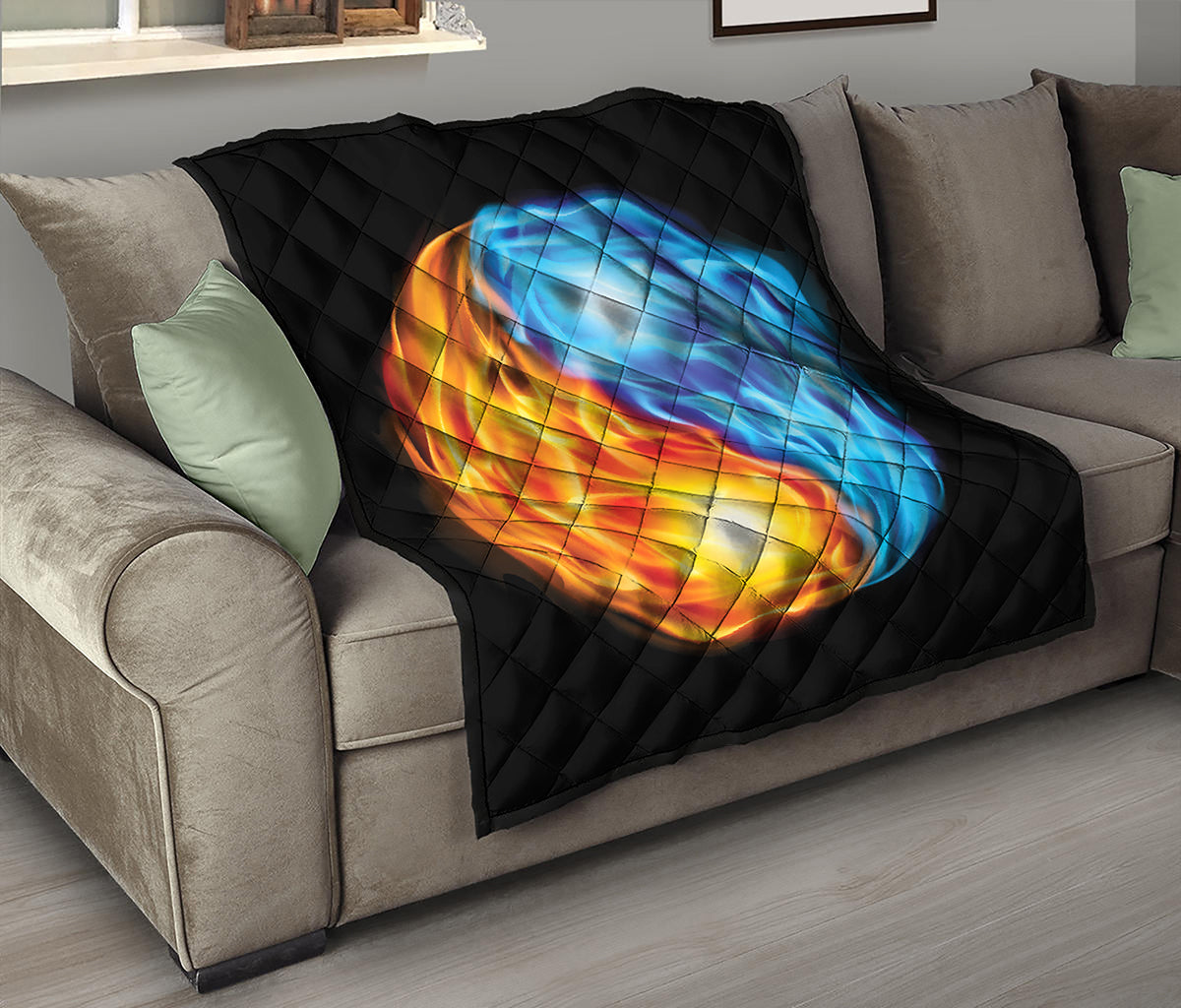 Red And Blue Fire Yin Yang Print Quilt