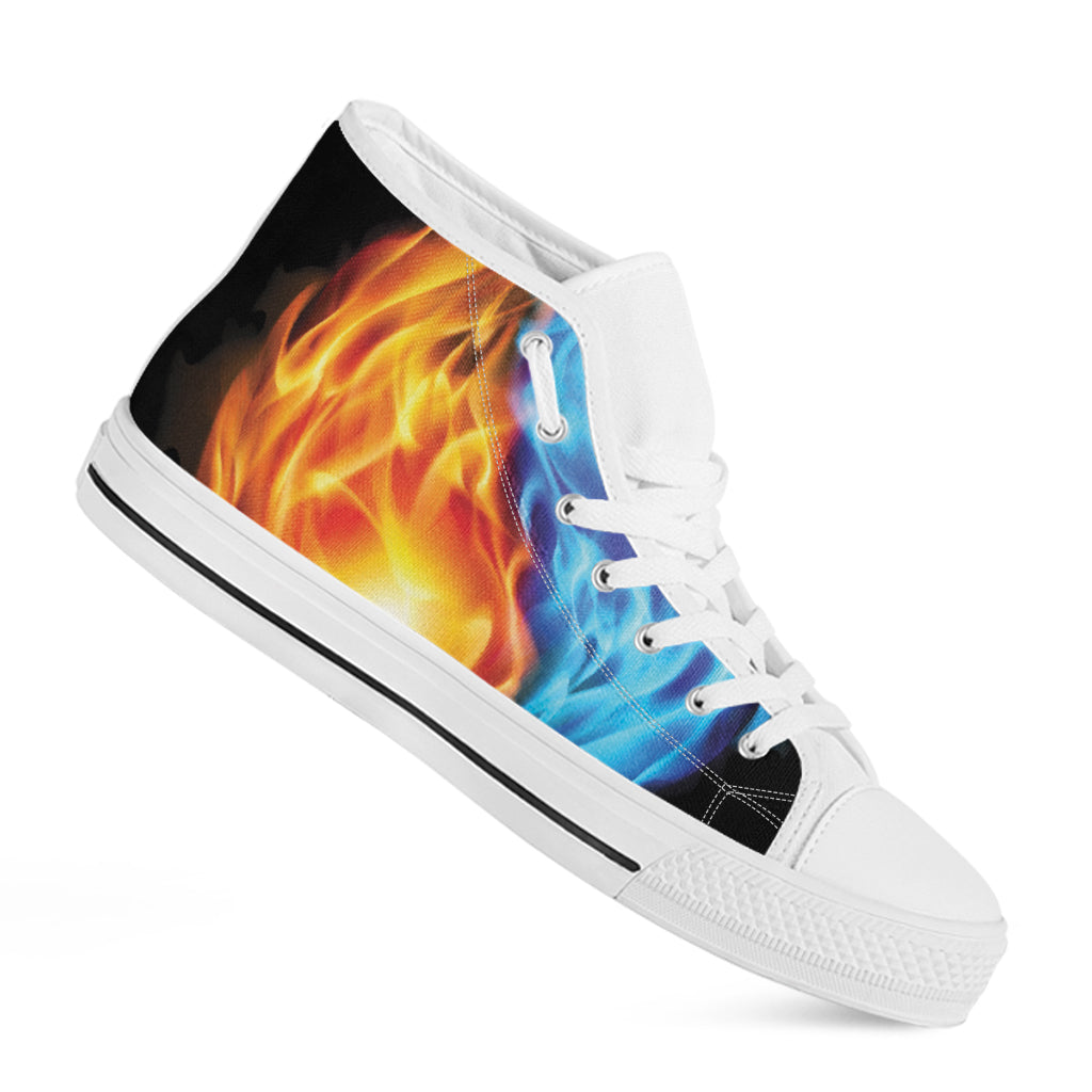 Red And Blue Fire Yin Yang Print White High Top Shoes