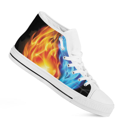 Red And Blue Fire Yin Yang Print White High Top Shoes