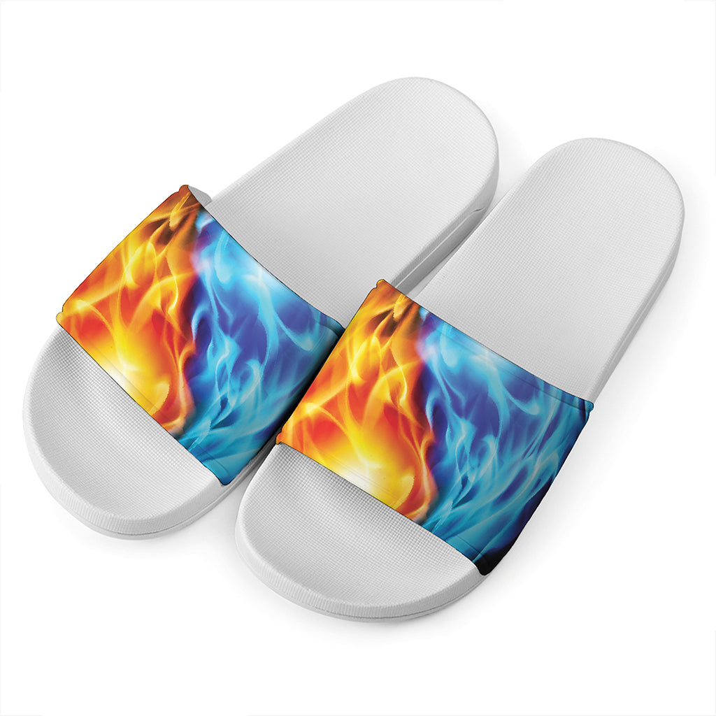 Red And Blue Fire Yin Yang Print White Slide Sandals
