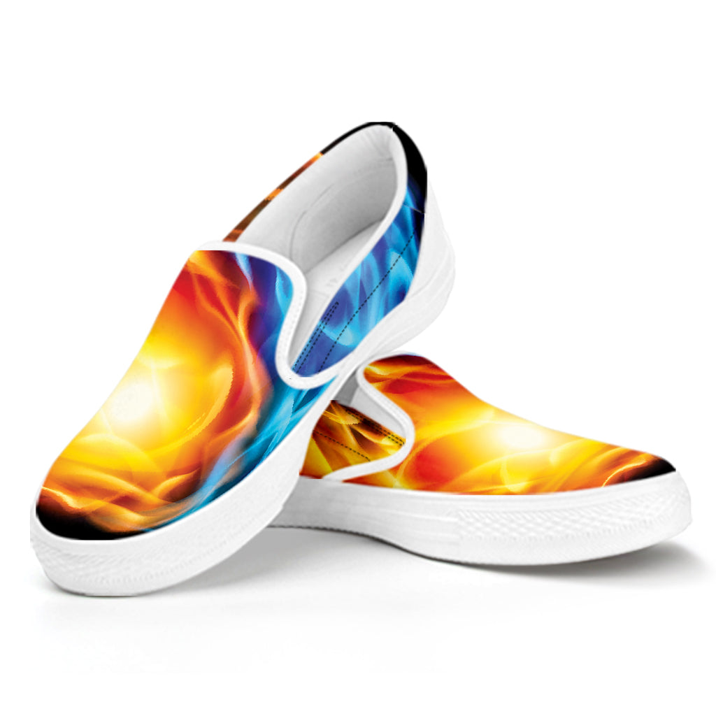 Red And Blue Fire Yin Yang Print White Slip On Shoes