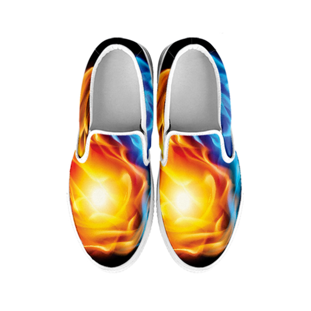Red And Blue Fire Yin Yang Print White Slip On Shoes