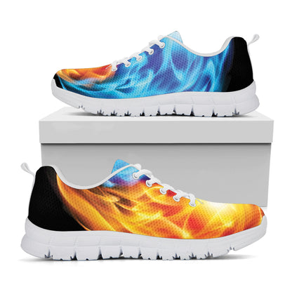 Red And Blue Fire Yin Yang Print White Sneakers