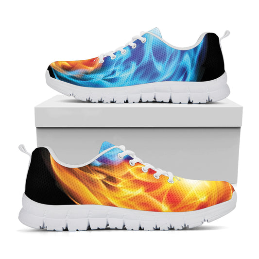 Red And Blue Fire Yin Yang Print White Sneakers