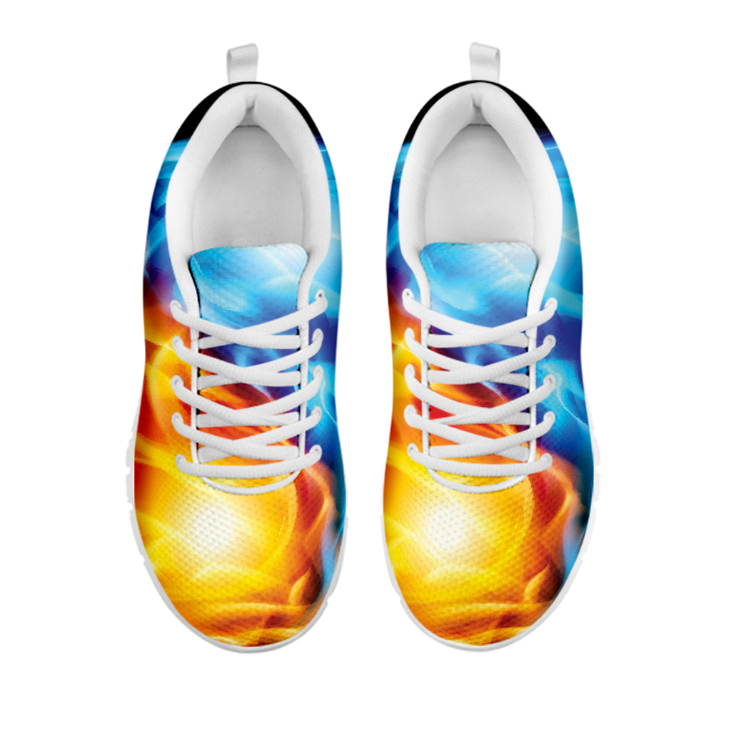 Red And Blue Fire Yin Yang Print White Sneakers
