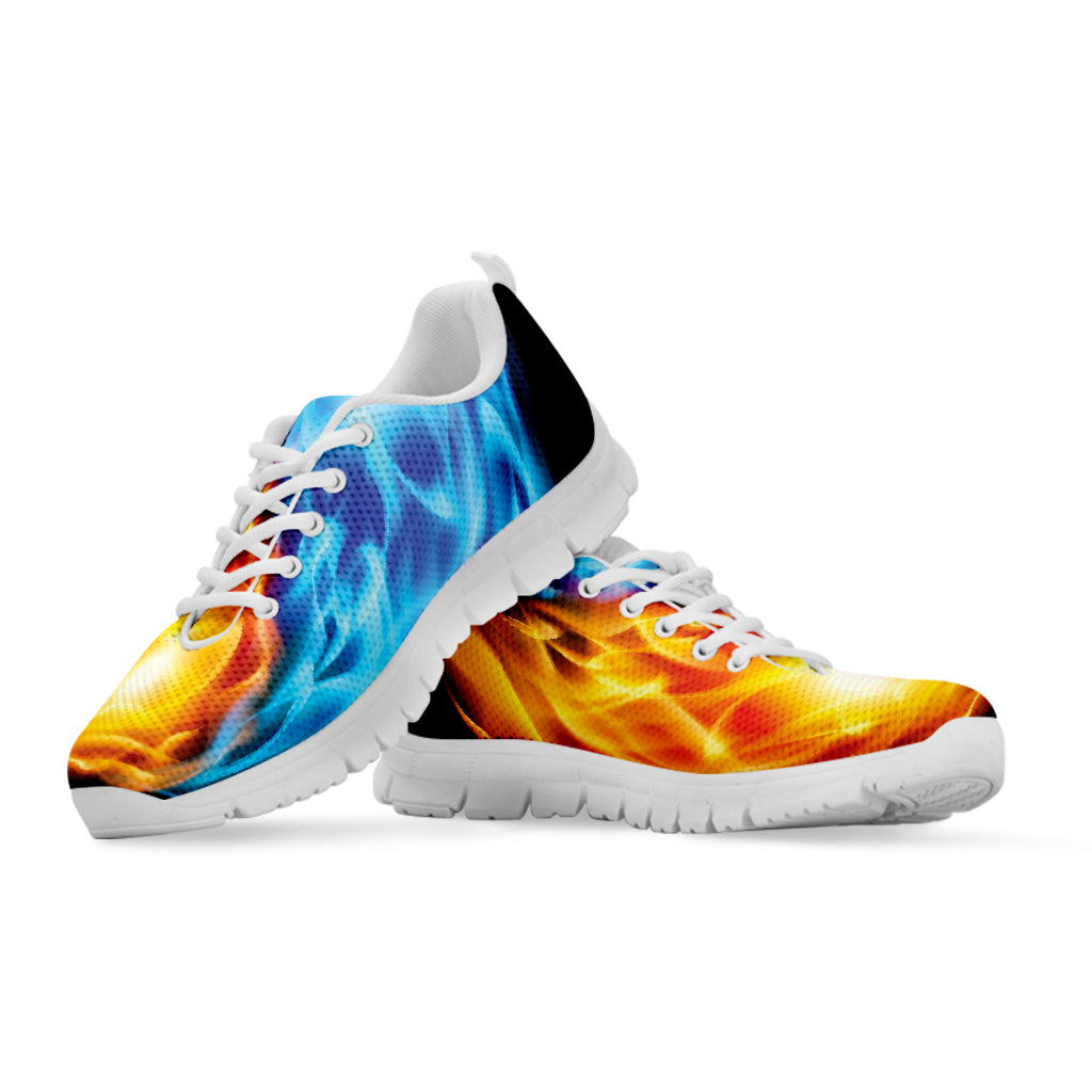 Red And Blue Fire Yin Yang Print White Sneakers