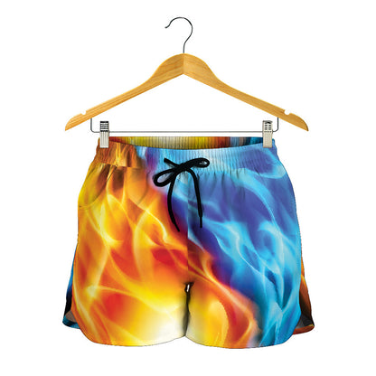 Red And Blue Fire Yin Yang Print Women's Shorts