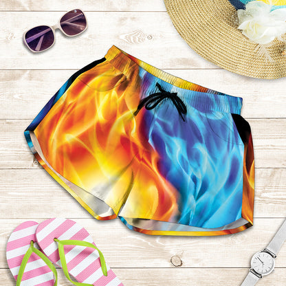 Red And Blue Fire Yin Yang Print Women's Shorts
