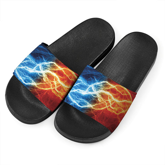 Red And Blue Lightning Print Black Slide Sandals