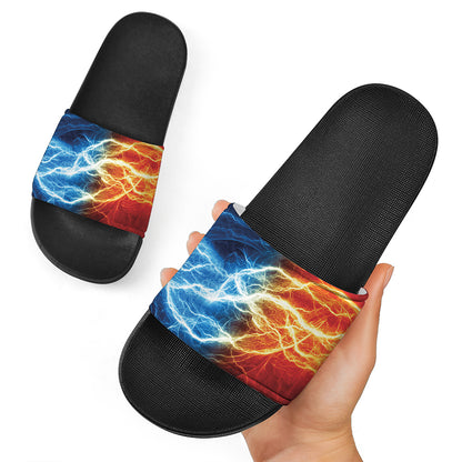 Red And Blue Lightning Print Black Slide Sandals