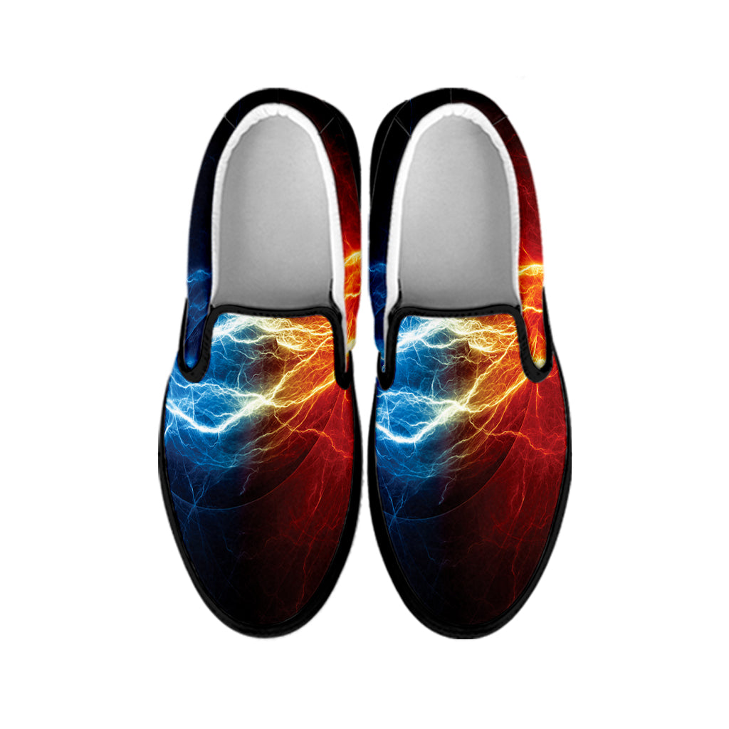 Red And Blue Lightning Print Black Slip On Shoes