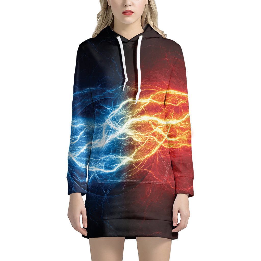 Red And Blue Lightning Print Hoodie Dress