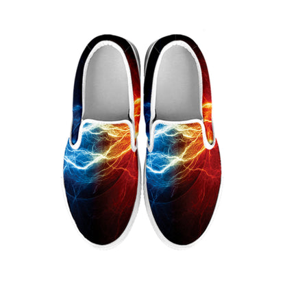 Red And Blue Lightning Print White Slip On Shoes